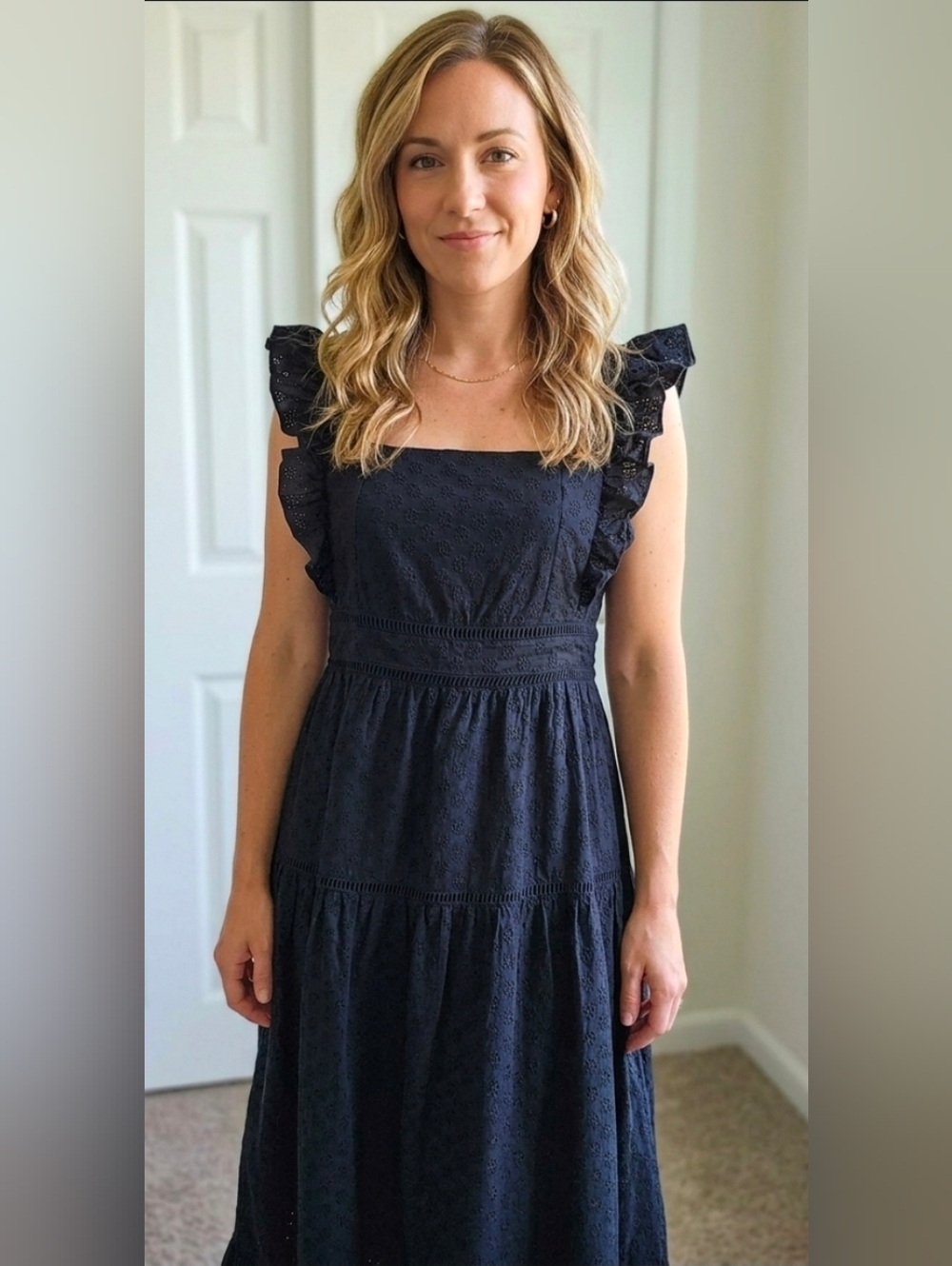 Ann Taylor Black Eyelet Maxi Dress with Ruffle Straps, Size 8